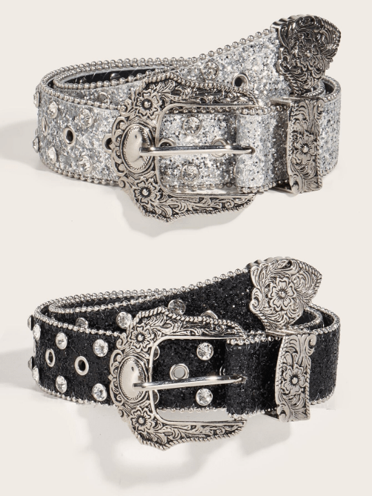 2pcs/Set Women's Western Style Belt With Rhinestones For Cowgirl - Lolli World Marketplace
