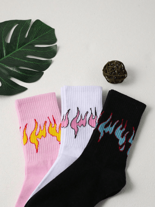 3pairs Women Fire Pattern Fashionable Crew Socks, For Daily Life - Lolli World Marketplace