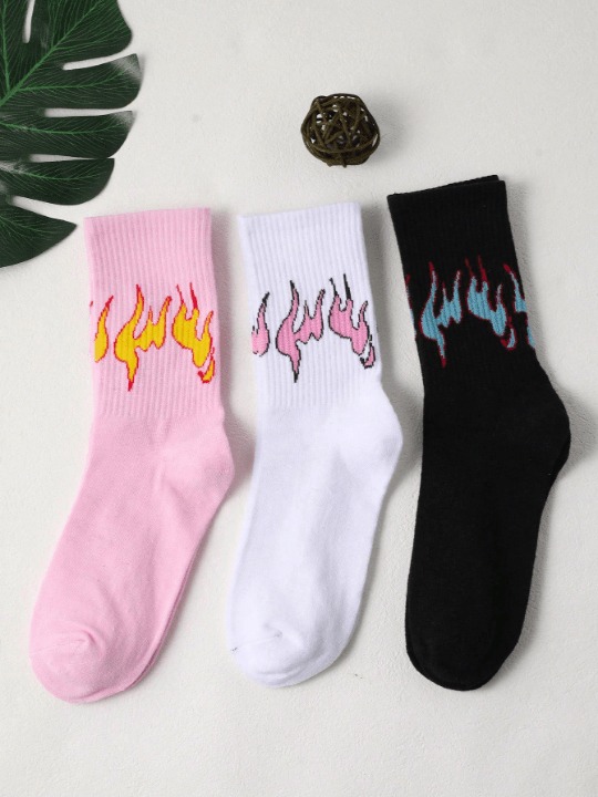 3pairs Women Fire Pattern Fashionable Crew Socks, For Daily Life - Lolli World Marketplace