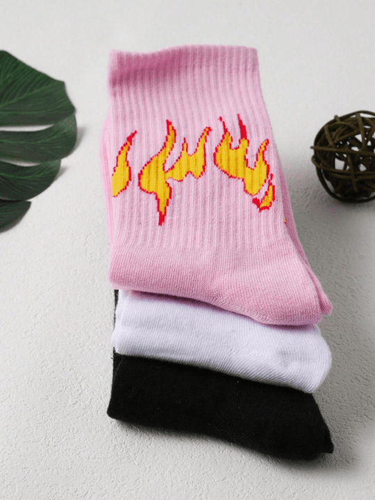 3pairs Women Fire Pattern Fashionable Crew Socks, For Daily Life - Lolli World Marketplace
