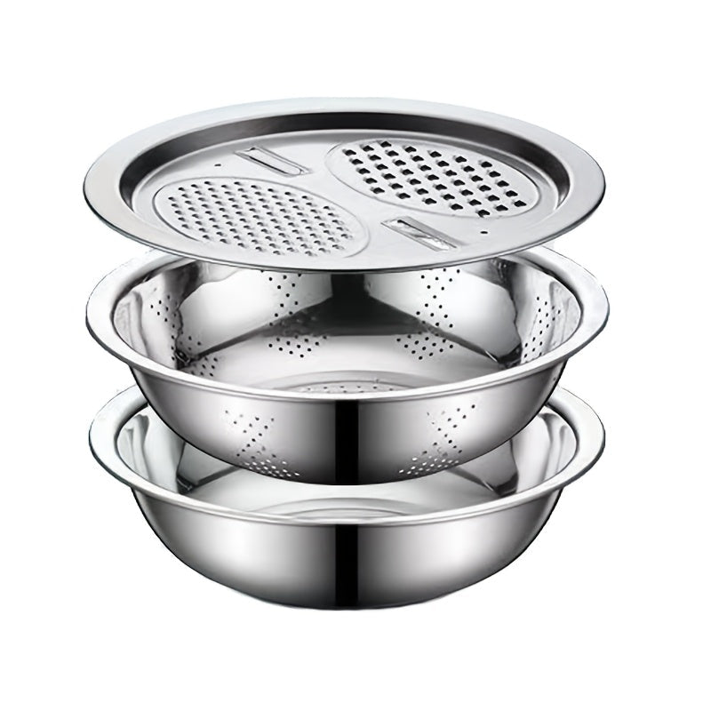 3pcs Stainless Steel Kitchen Tool Set with Integrated Grater, Multi - Filter and Mixing Bowl - Perfect for Cleaning and Slicing Fruits, Vegetables, Cheese | Food Safe with Drainage System, Ideal for Home Cooking