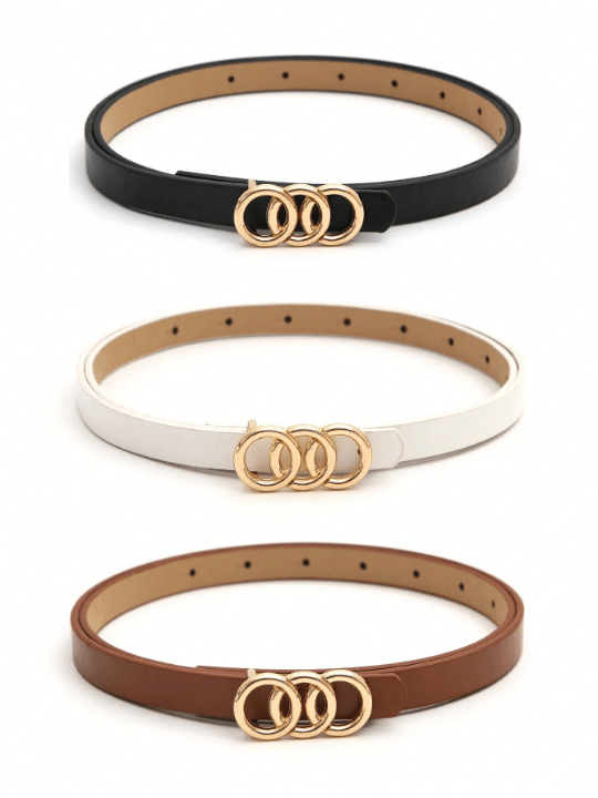 3pcs Women's Golden Styling Buckle Black, White And Brown Versatile Romantic Casual Thin Belt Universal For All Seasons - Lolli World Marketplace