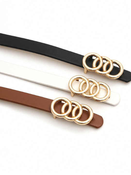 3pcs Women's Golden Styling Buckle Black, White And Brown Versatile Romantic Casual Thin Belt Universal For All Seasons - Lolli World Marketplace