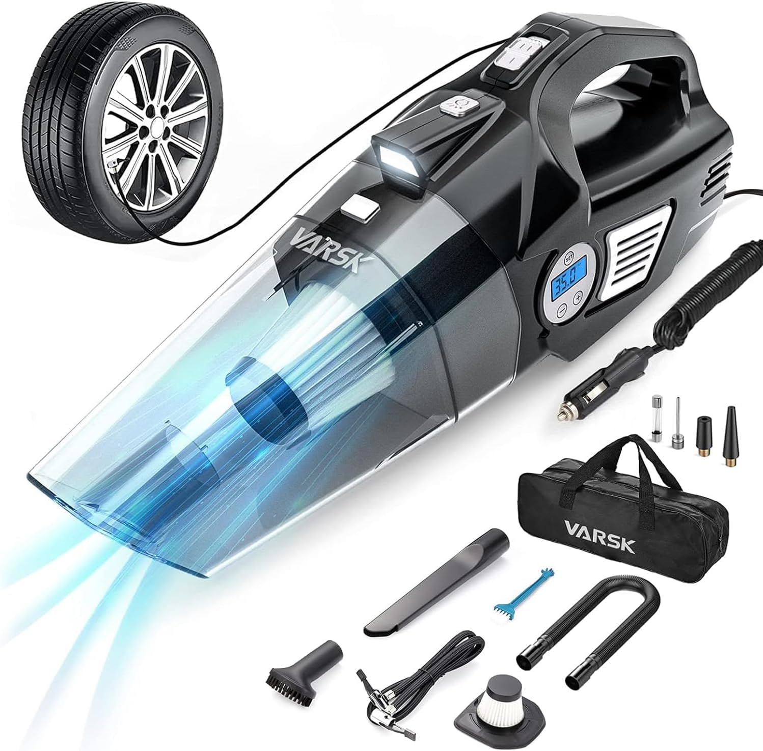 4 - in - 1 Car Vacuum Cleaner High Power, Tire Inflator Portable Car Vacuum with Digital Tire Pressure Gauge LCD Display and LED Light