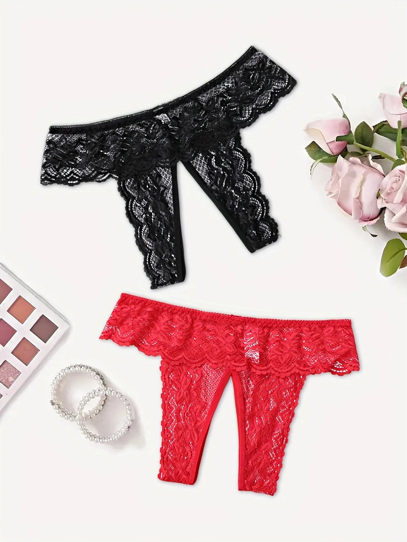 Women's Sexy Floral Lace Mesh Open Crotch Panties - Seductive See-Through Lingerie & Underwear