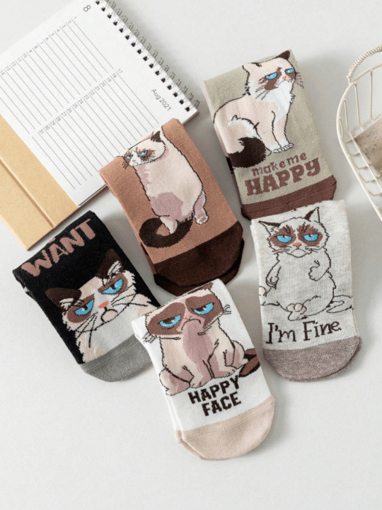 5pairs Women's Cat Cartoon Short Socks, Cute, Moisture Wicking, Funny And Versatile, Suitable For Daily Use - Lolli World Marketplace