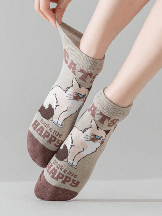 5pairs Women's Cat Cartoon Short Socks, Cute, Moisture Wicking, Funny And Versatile, Suitable For Daily Use - Lolli World Marketplace