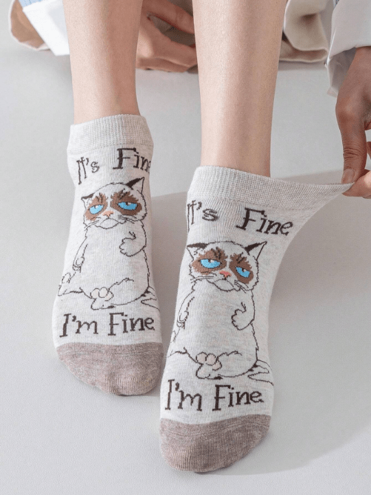 5pairs Women's Cat Cartoon Short Socks, Cute, Moisture Wicking, Funny And Versatile, Suitable For Daily Use - Lolli World Marketplace