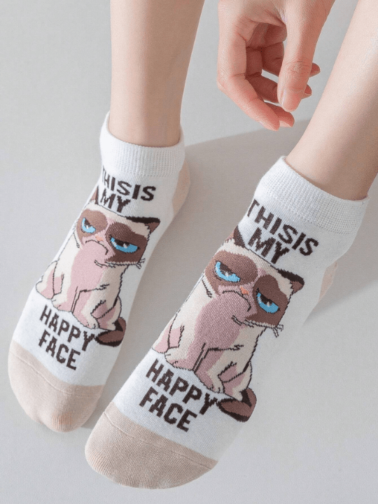 5pairs Women's Cat Cartoon Short Socks, Cute, Moisture Wicking, Funny And Versatile, Suitable For Daily Use - Lolli World Marketplace
