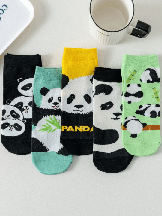 5pairs Women's Panda Animal Patterned Short Socks, Moisture Wicking, Cute, Versatile, Funny, Suitable For Daily Wear - Lolli World Marketplace
