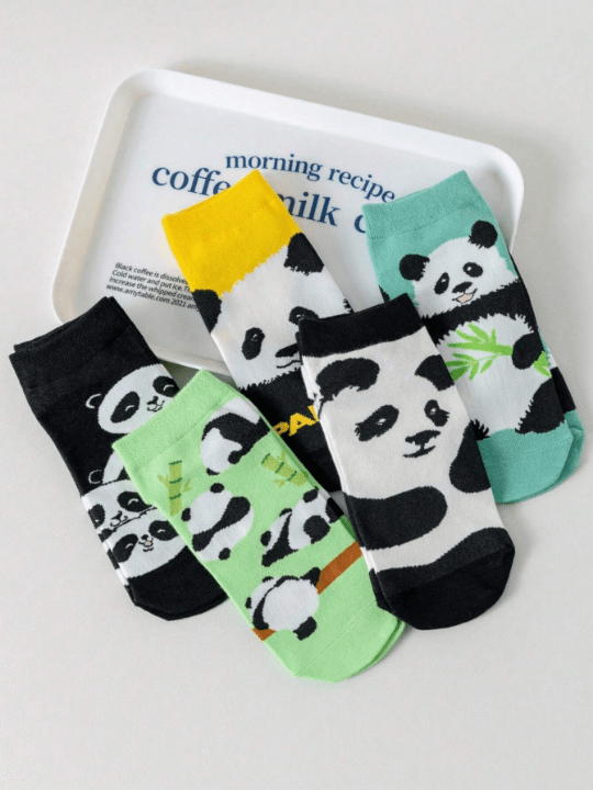 5pairs Women's Panda Animal Patterned Short Socks, Moisture Wicking, Cute, Versatile, Funny, Suitable For Daily Wear - Lolli World Marketplace
