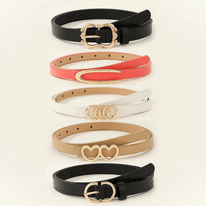 5pcs/set Ladies' Skinny Belt With Round Circle Heart Buckle, Suitable For Everyday Wear - Lolli World Marketplace