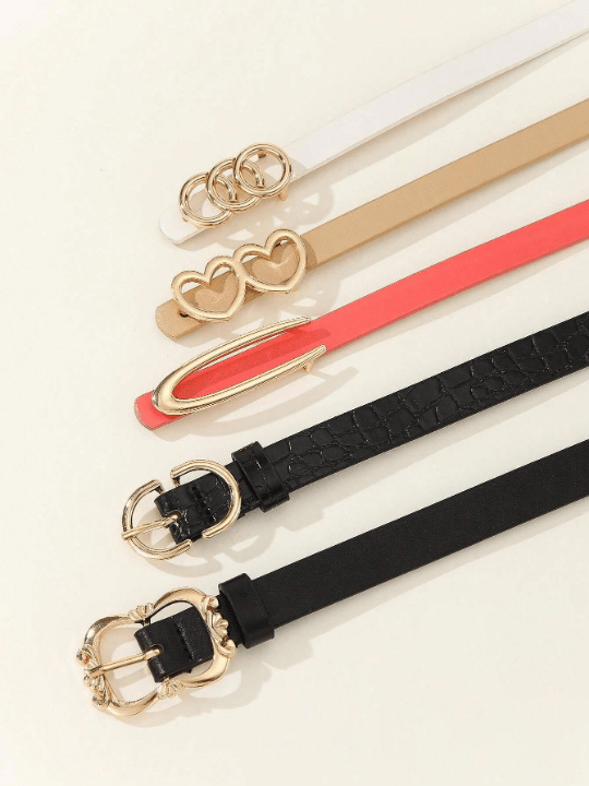 5pcs/set Ladies' Skinny Belt With Round Circle Heart Buckle, Suitable For Everyday Wear - Lolli World Marketplace