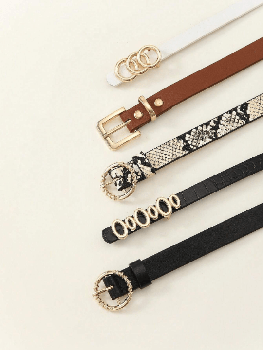 5pcs/Set Snake Pattern Thin Waist Belt For Women's Denim Jumpsuits/Dresses, Suitable For Daily Wear Casual - Lolli World Marketplace