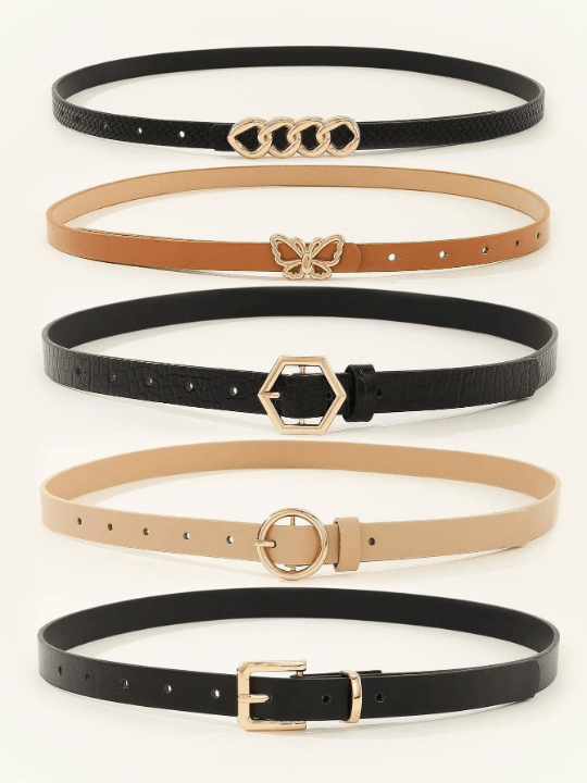 5pcs/set Women's Skinny Belt With Butterfly, Circle & Hexagon Buckle, Suitable For Daily Life - Lolli World Marketplace