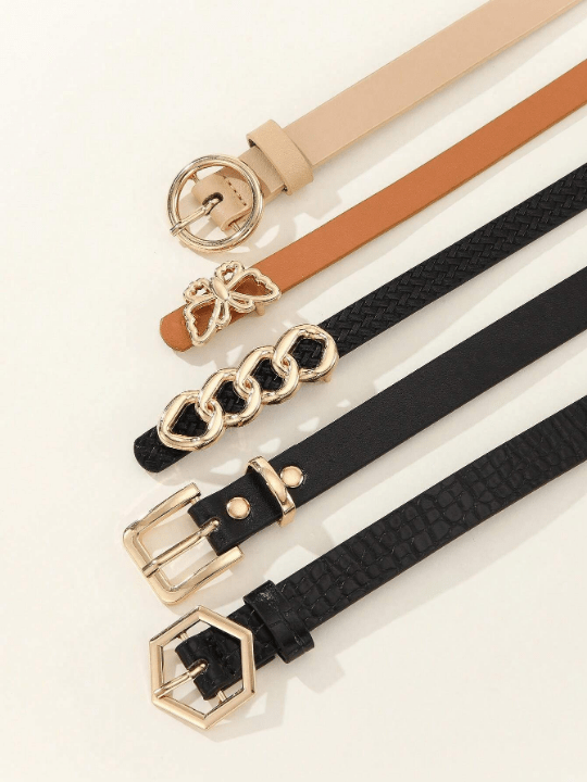 5pcs/set Women's Skinny Belt With Butterfly, Circle & Hexagon Buckle, Suitable For Daily Life - Lolli World Marketplace