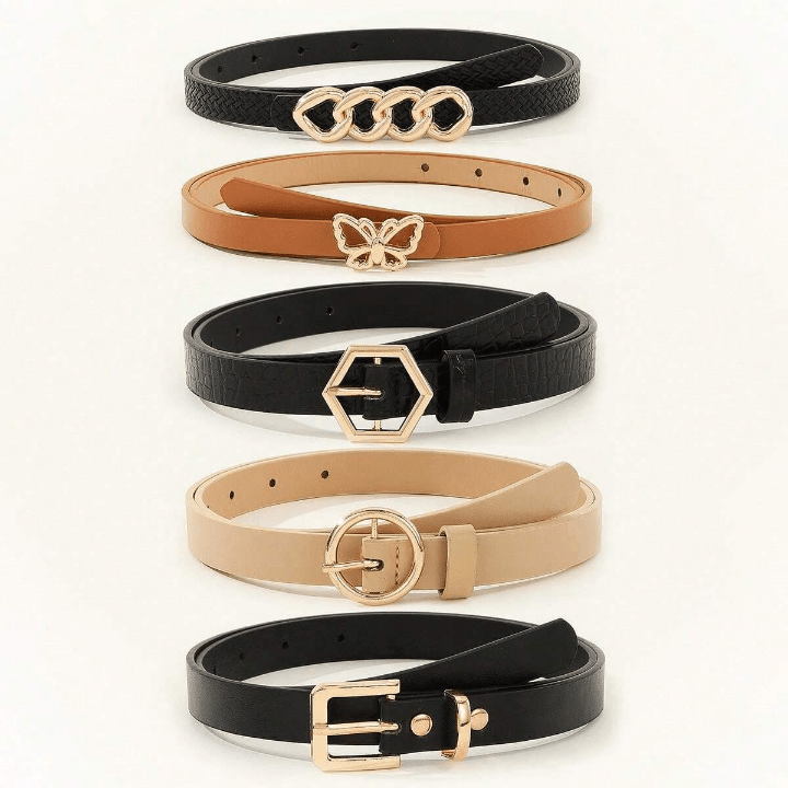 5pcs/set Women's Skinny Belt With Butterfly, Circle & Hexagon Buckle, Suitable For Daily Life - Lolli World Marketplace