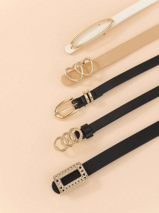 5pcs/Set Women's Square Shape & Heart Shape & Circle Shape Jeans Dress Belts With Gold Metal Buckle, Great For Daily Wear Casual - Lolli World Marketplace