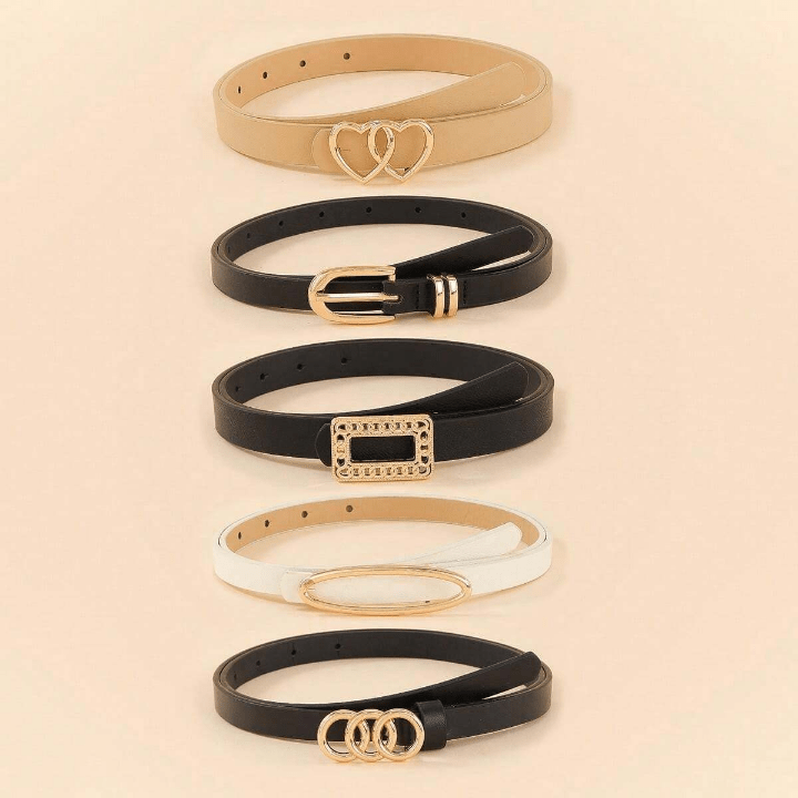 5pcs/Set Women's Square Shape & Heart Shape & Circle Shape Jeans Dress Belts With Gold Metal Buckle, Great For Daily Wear Casual - Lolli World Marketplace