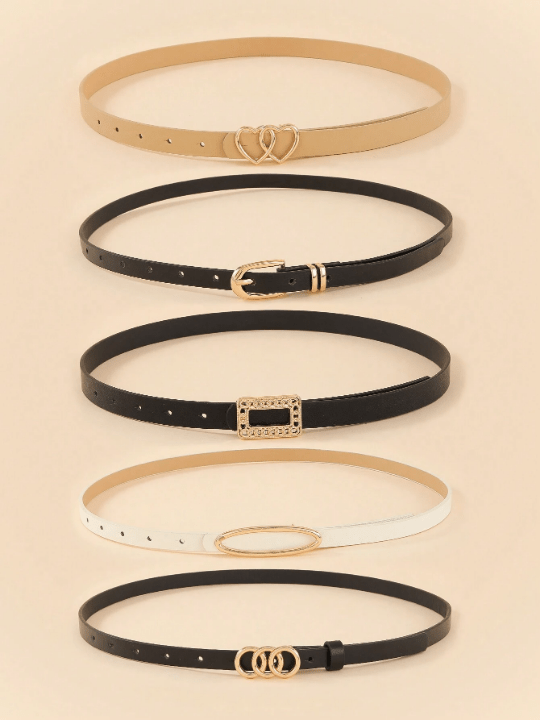 5pcs/Set Women's Square Shape & Heart Shape & Circle Shape Jeans Dress Belts With Gold Metal Buckle, Great For Daily Wear Casual - Lolli World Marketplace