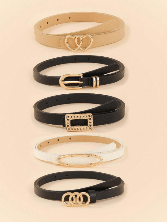 5pcs/Set Women's Square Shape & Heart Shape & Circle Shape Jeans Dress Belts With Gold Metal Buckle, Great For Daily Wear Casual - Lolli World Marketplace