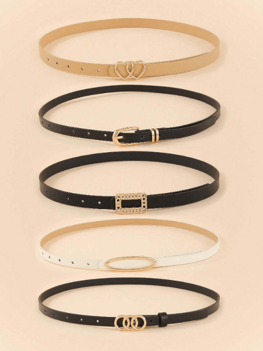 5pcs/Set Women's Square Shape & Heart Shape & Circle Shape Jeans Dress Belts With Gold Metal Buckle, Great For Daily Wear Casual - Lolli World Marketplace
