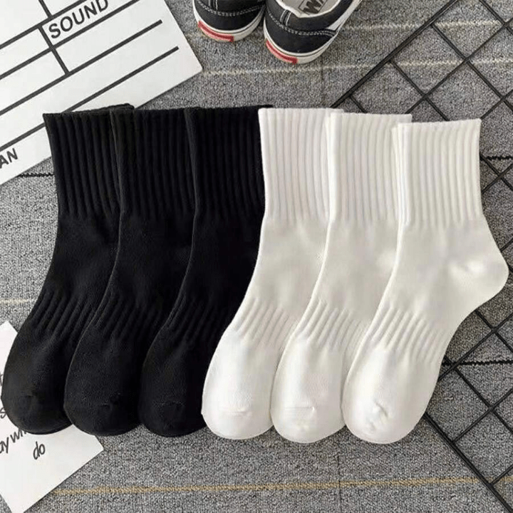 6 Pairs Women's Mid - calf Socks With Black & White Stripes And High Elasticity, Suitable For Daily Wear - Lolli World Marketplace