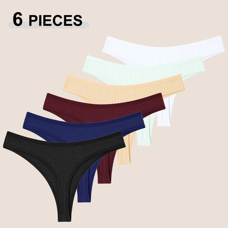 6Pcs/Set Women'S Cotton Fabric Thongs Panties Female Ribbed Low Rise G - String Ladies Sexy Bikini Solid Color Soft Intimates S - XL