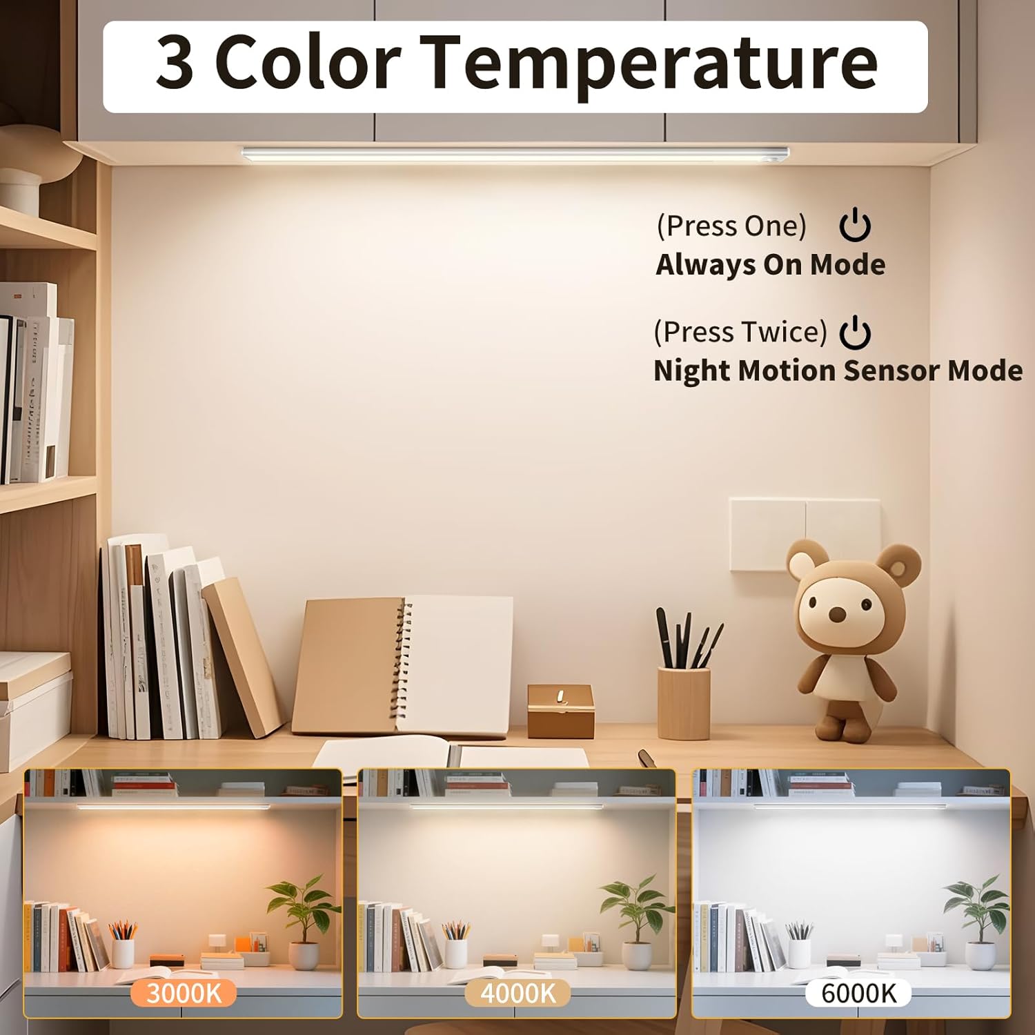 Motion Sensor Light Indoor Lighting with 3 Colors Rechargeable Lamp 40cm