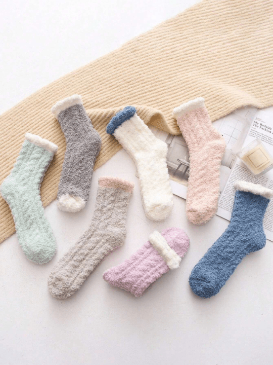 7pairs Women's Cute Thickened Coral Fleece Mid - calf Sleep Socks For Autumn And Winter - Lolli World Marketplace