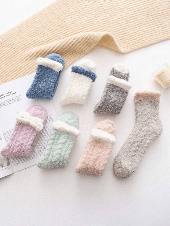 7pairs Women's Cute Thickened Coral Fleece Mid - calf Sleep Socks For Autumn And Winter - Lolli World Marketplace