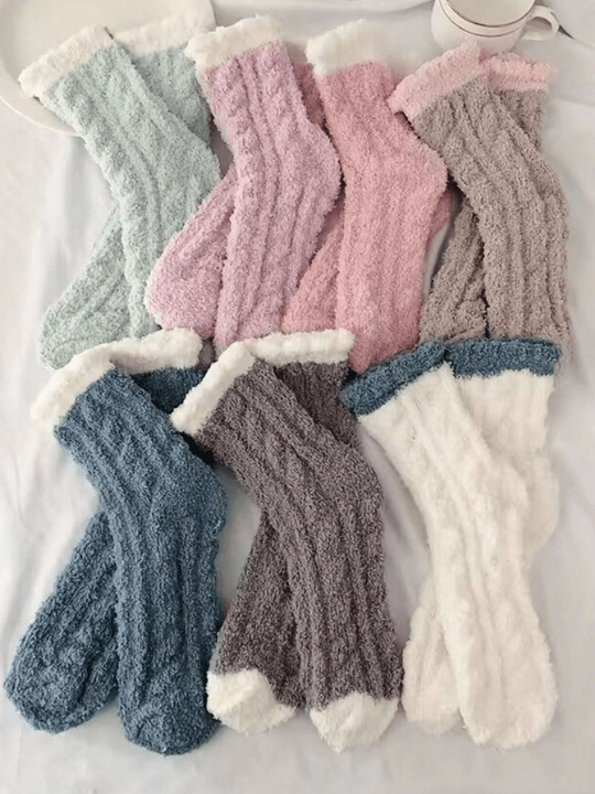 7pairs Women's Cute Thickened Coral Fleece Mid - calf Sleep Socks For Autumn And Winter - Lolli World Marketplace
