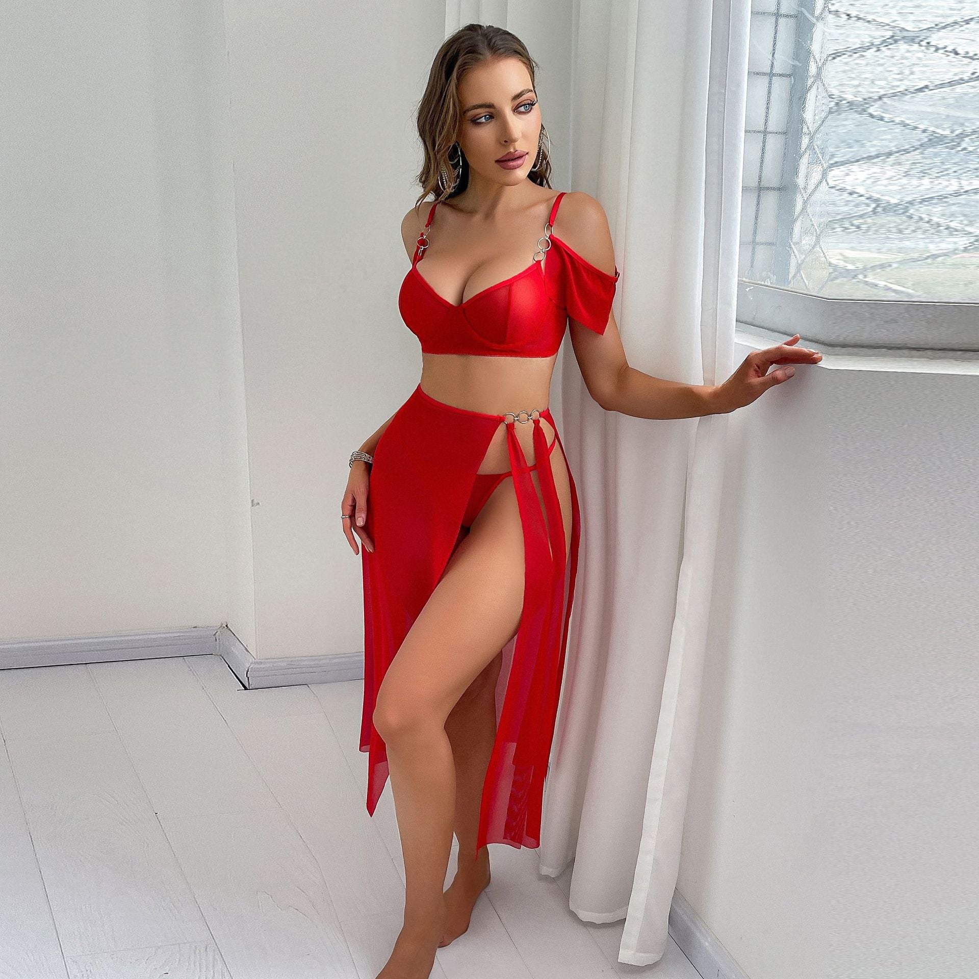 Lingerie women's mesh off-shoulder high slit long skirt sexy set