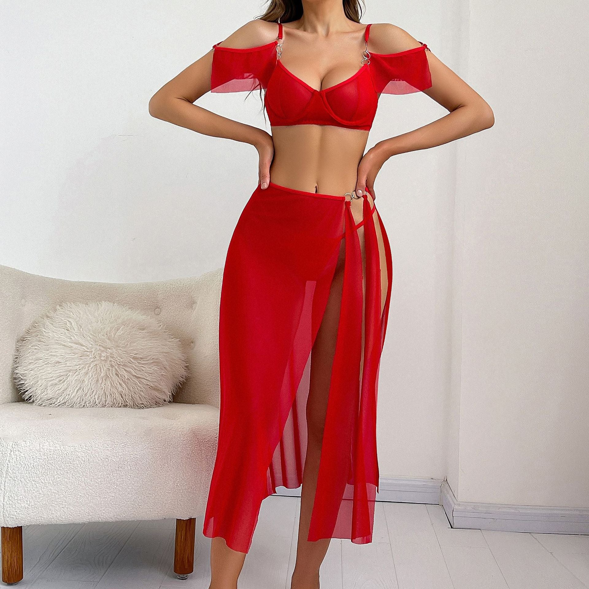 Lingerie women's mesh off-shoulder high slit long skirt sexy set