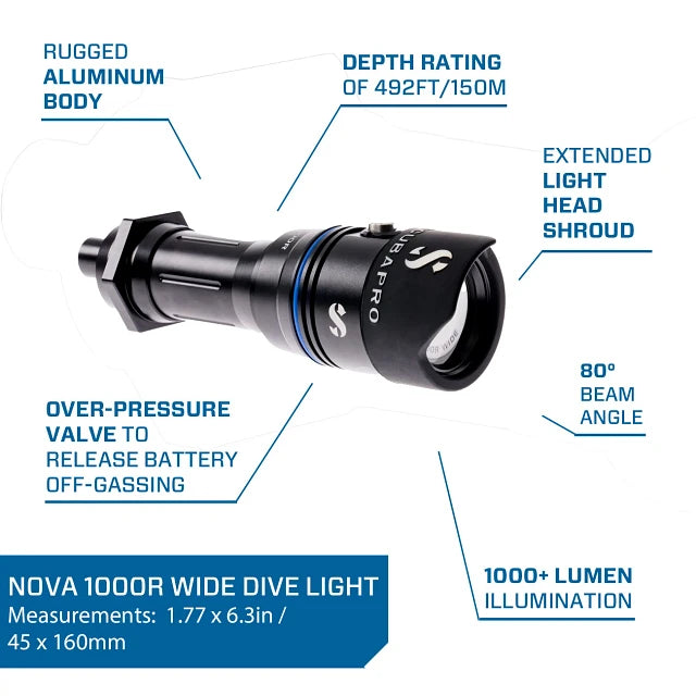 SCUBAPRO Nova 1000R Wide Dive Light, w/Battery Kit
