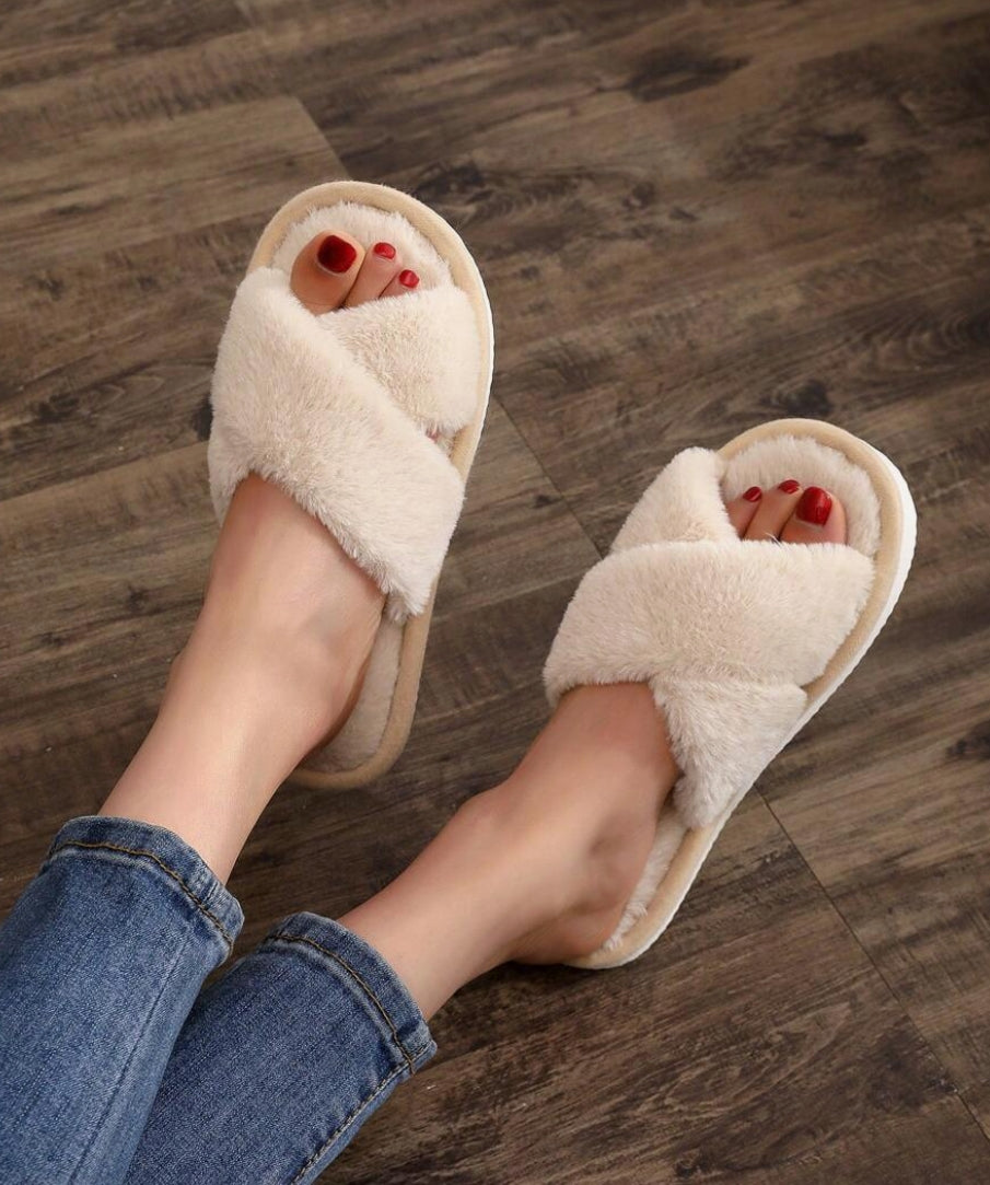 Women's Fluffy Cross Strap Slippers