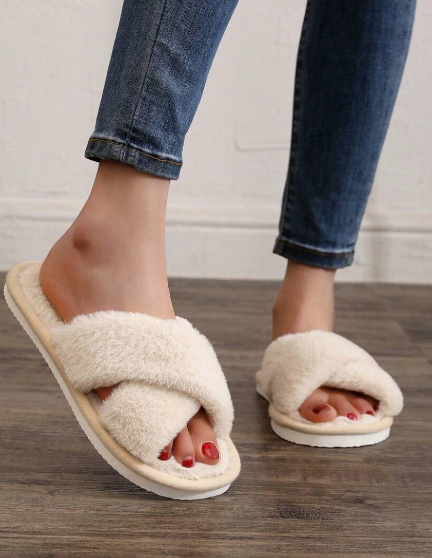 Women's Fluffy Cross Strap Slippers