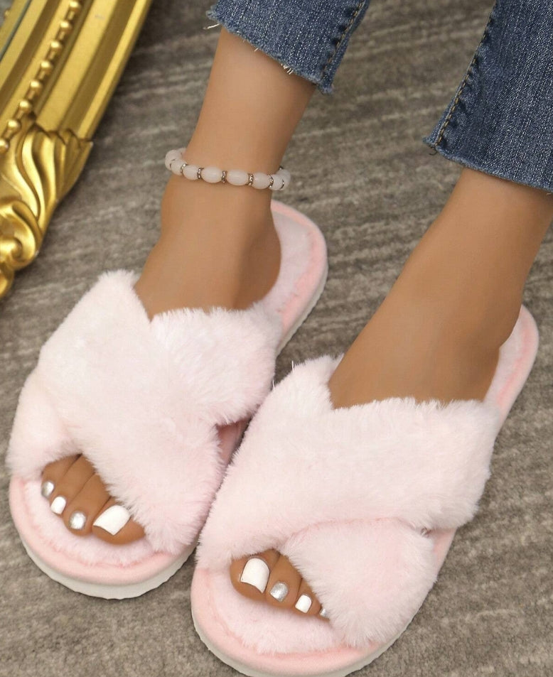Women's Fluffy Cross Strap Slippers