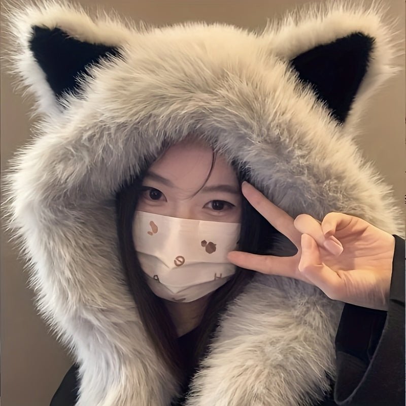 A Soft Polyester Faux Fur Cat Ear Hat with an Integrated Scarf, Suitable for Both Men And Women in Winter, Stylish And Unisex, Lightweight, with a Closure, Perfect for Singles Parties.