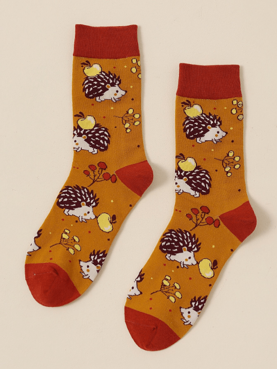 Apple & Hedgehog Pattern Crew Socks - Lolli World Marketplace