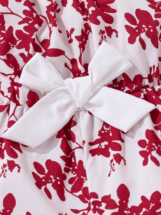Baby Girl Casual Bowknot & Botanical Print Short Sleeve Jumpsuit - Lolli World Marketplace
