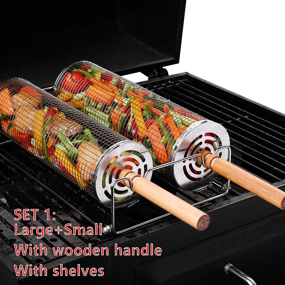 BBQ Basket Set Stainless Steel Rolling Grilling Basket Wire Mesh Cylinder Grill Basket Outdoor Camping BBQ Rack with Wood Handle
