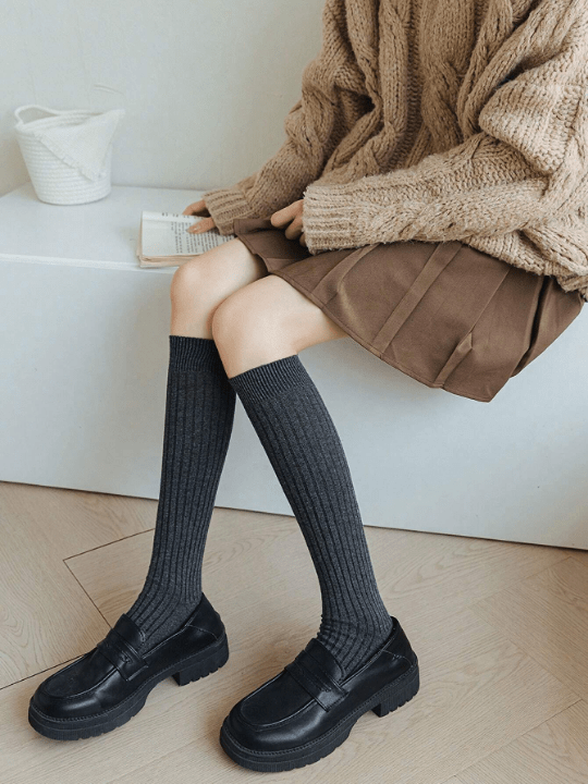 Black Striped Thick Knee - high Stockings For Women, Solid Color Fashionable Leg - slimming Compression Socks, Suitable For Everyday Use - Lolli World Marketplace