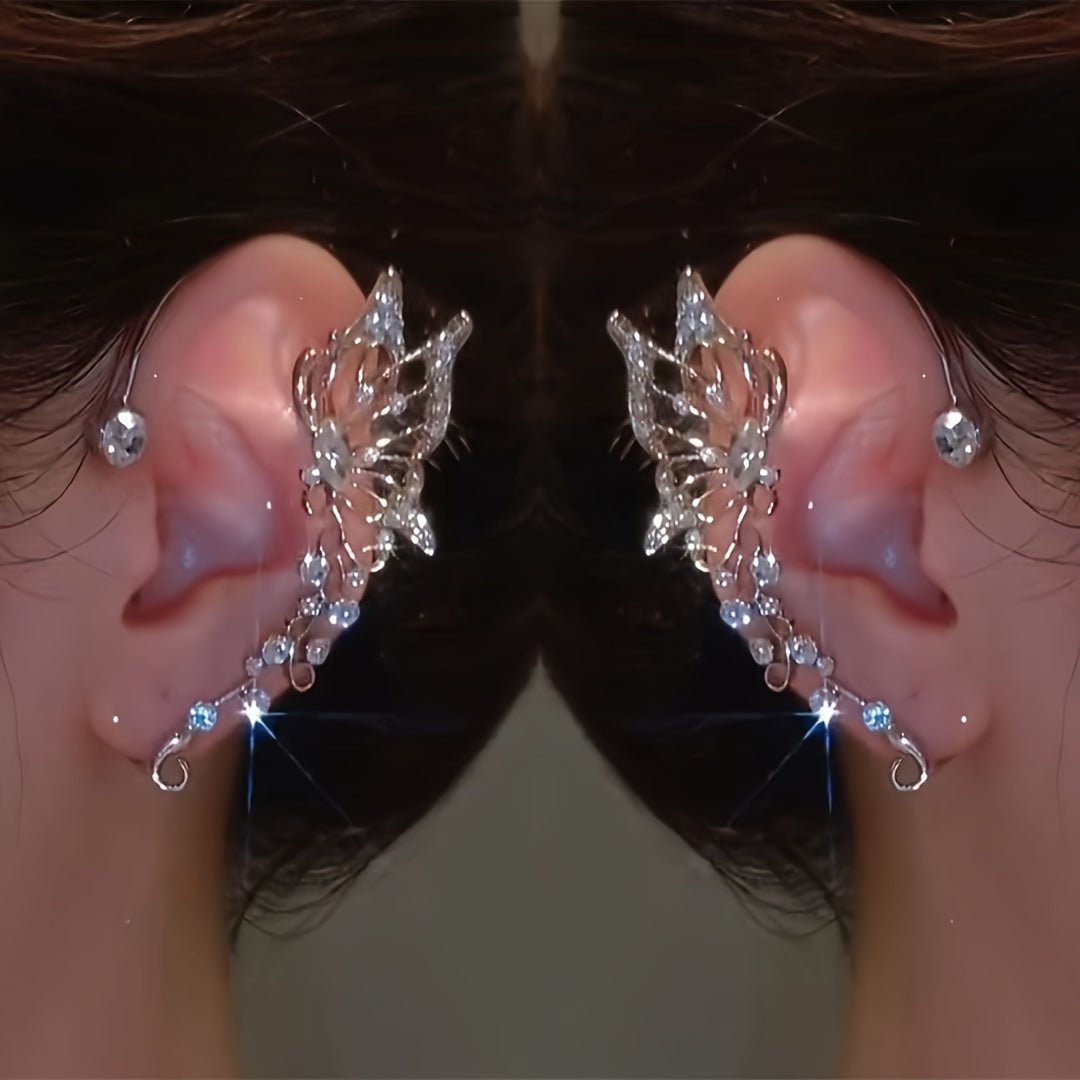 [Butterfly Ear Cuff] 2pcs Hypoallergenic Copper Sparkling Butterfly Ear Cuff Climber Earrings - Fairy Wing Design, December Birthstone, Synthetic Stones, No - Pierce, Perfect for Parties & Special Occasions, Special Occasion Jewelry