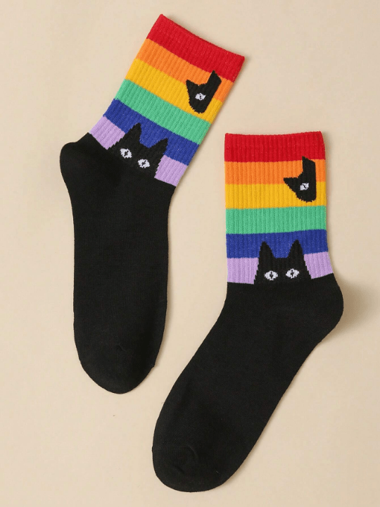 Cherbear Studio Rainbow Striped Black Cat Pattern Mid - calf Socks - Lolli World Marketplace
