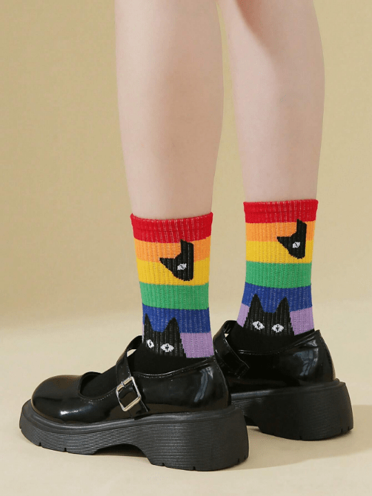 Cherbear Studio Rainbow Striped Black Cat Pattern Mid - calf Socks - Lolli World Marketplace