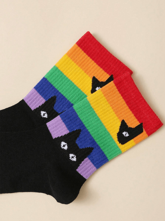 Cherbear Studio Rainbow Striped Black Cat Pattern Mid - calf Socks - Lolli World Marketplace