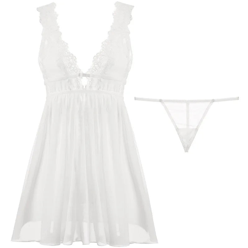 CINOON Women V - Neck Sexy Nightdress French Transparent Mesh Nightgown Ladies Temptation Home Clothing Underwear