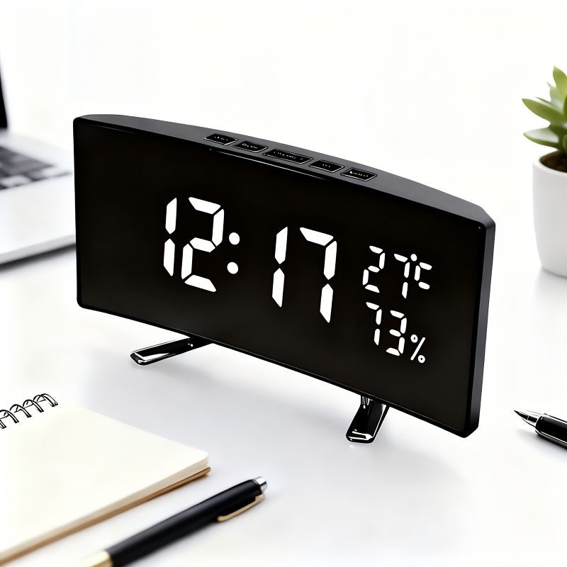 Creative LED Curved Temperature Humidity Alarm with Temperature Humidity Monitoring, Dual Power (Plug/Battery Backup), Sleep Mode, Snooze Function, Without Battery, Modern Rectangular Design, Suitable For Deep Sleepers, Ideal For Home, Office