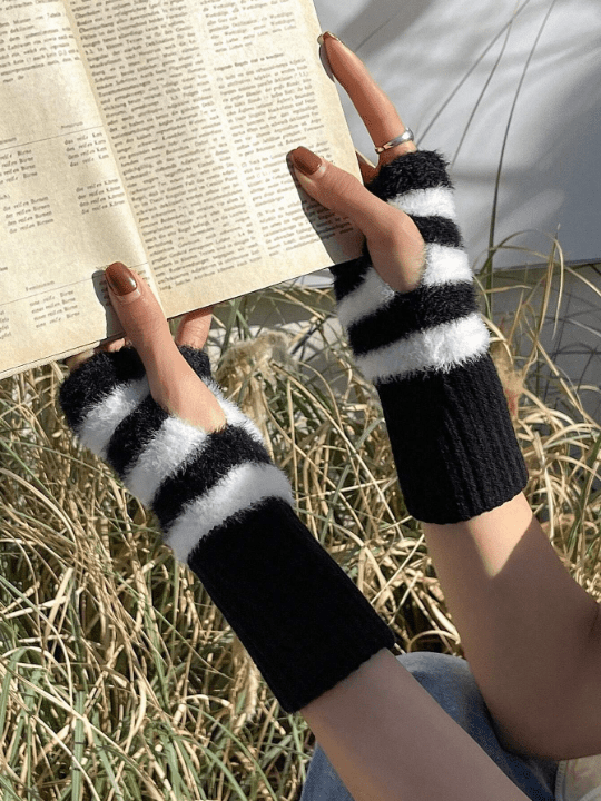 DAZY Fluffy Regular Knitted Striped Fingerless Gloves - Lolli World Marketplace